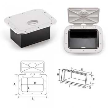 Puertas con tornillos expuestos y contenedor rectangular en ABS.